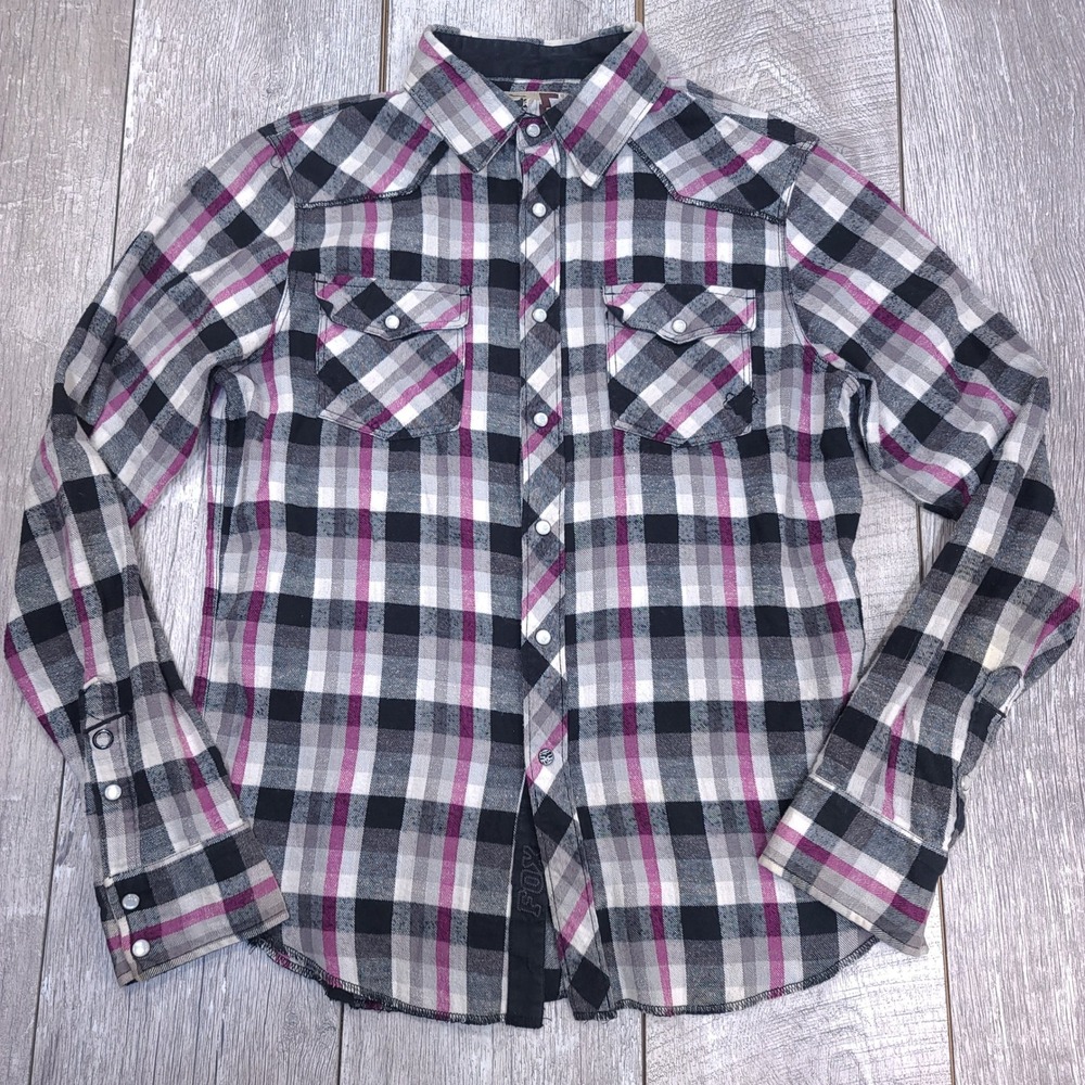 Fox Racing Flannel Shirt Women Medium Purple Black Plaid Western Snap Button